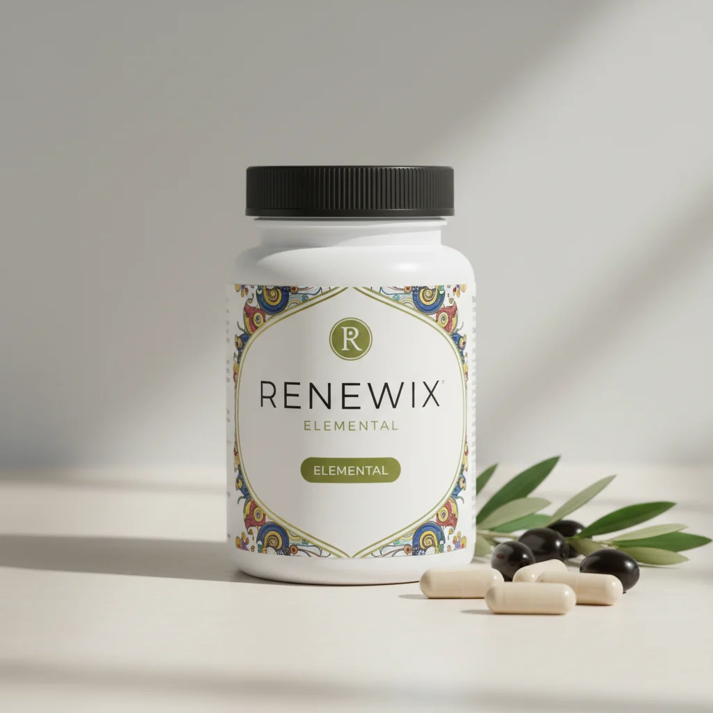 Renewix Elemental frosted glass supplement jar with wooden lid on a clean surface