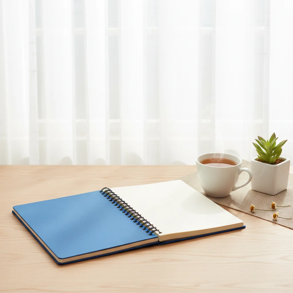 Opgeruimd thuiskantoor met een notitieboek, een kopje thee en een plant op het bureau