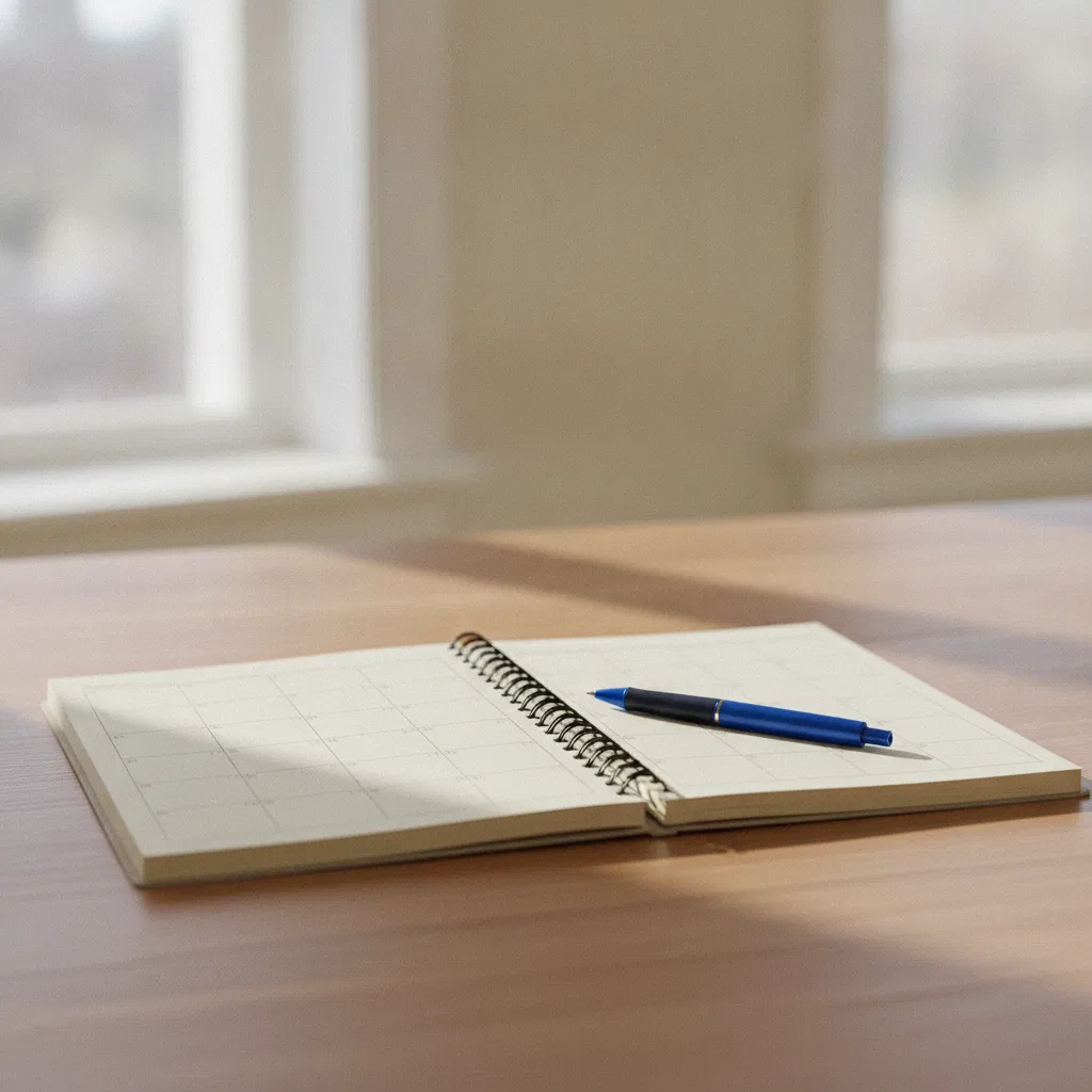 Opengeslagen werkboek met een pen en een oranje koffiekopje op een licht houten tafel