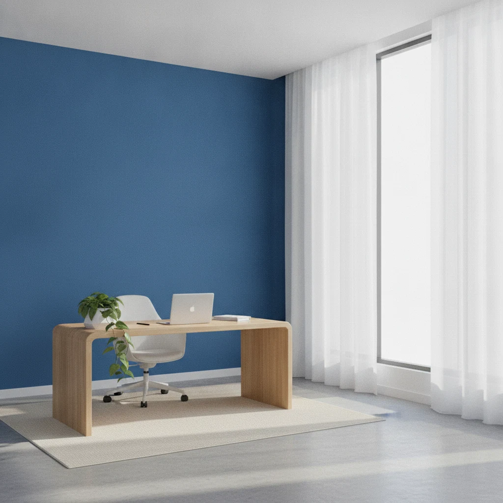 Helder, leeg kantoor aan huis met een ergonomisch bureau en een felle blauwe muur op de achtergrond