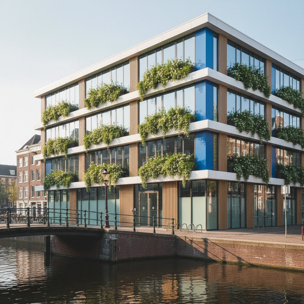 Een helder kantoorgebouw in Amsterdam met grote ramen en groene planten in de vensterbanken