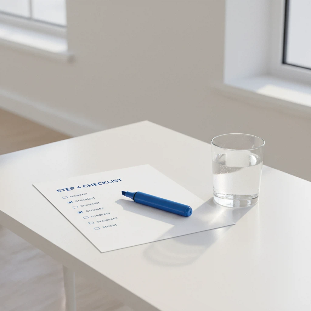 Notitieboek met een stappenplan op een bureau naast een kopje koffie en een potlood
