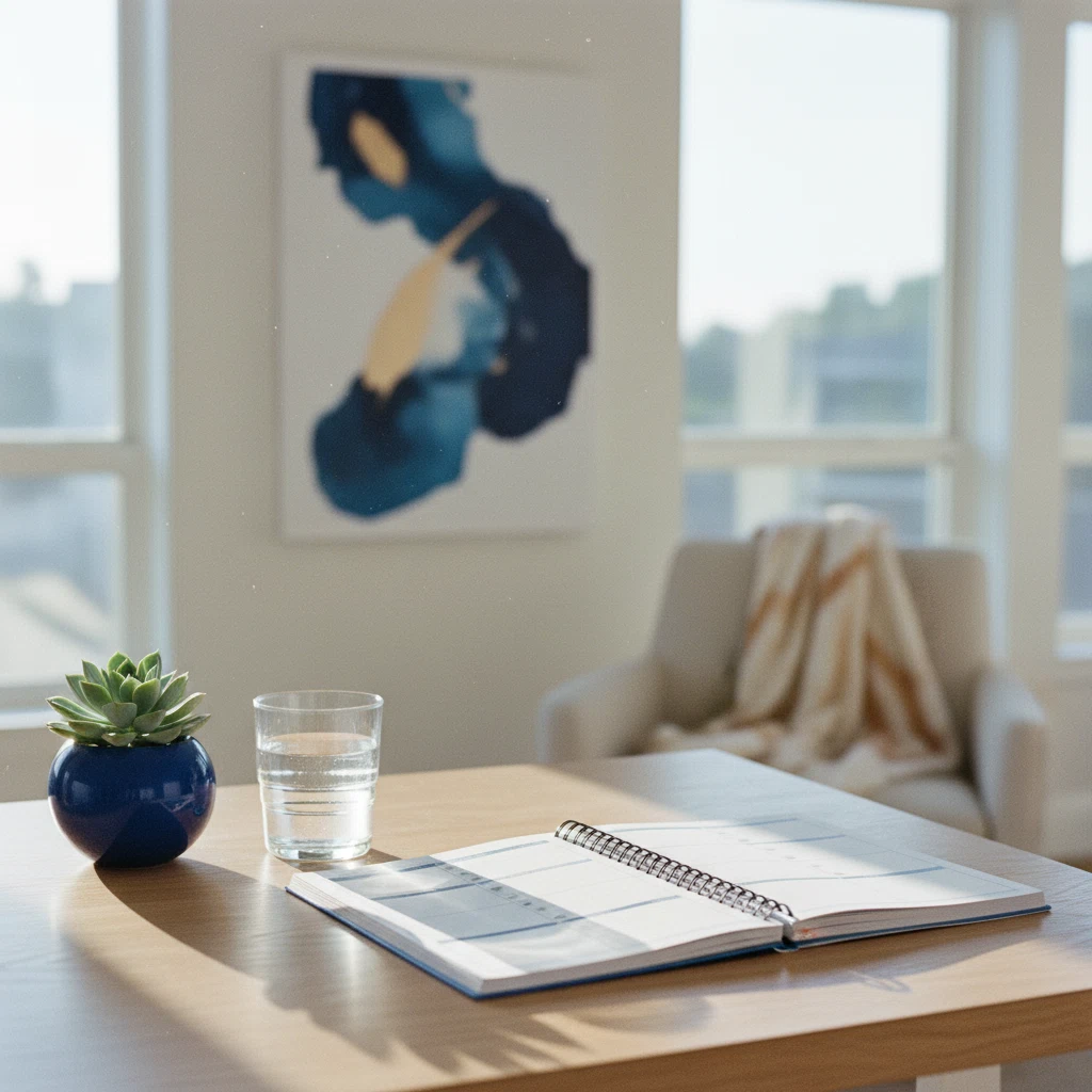Een leeg bureau met een planner, een glas water en een groene plant in een lichte thuiswerkruimte